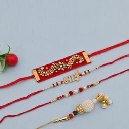CraftVatika Red & Gold-Toned Pack of 4 Rakhi, Greeting Card & Ganeshji Idol-image-32