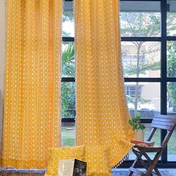URBAN SPACE Yellow 4 Pieces Printed Long Door Curtain with Cushion Covers-image-75