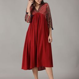 HERE&NOW Floral Printed V-Neck Cotton A-Line Midi Ethnic Dress-image-49