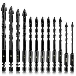 Serplex® 12pcs Masonry Drill Bit Set Tungsten Steel Drill Bit with 7 Sizes Drill Bits Cement Drill Bits for Glass, Tile, Brick, Cement, Concrete, Plastic, Wood, 1/8 to 1/2 inch Cross Drill Bit Tip image 1