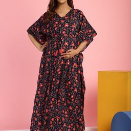 Secret Wish Floral Printed V-Neck Pure Cotton Maxi Maternity Feeding Kaftan Nightdress-picture-45