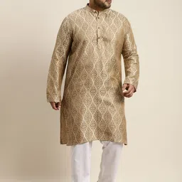 SOJANYA PLUS Men Beige & Golden Jacquard Silk Woven Design Straight Kurta-picture-23