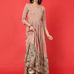 GLAM ROOTS Floral Checked V-Neck Flared Cotton A-Line Kurta-picture-49