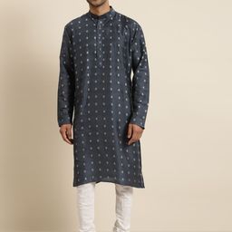 SOJANYA Men Charcoal Grey & Off White Ethnic Motifs Kurta-picture-24