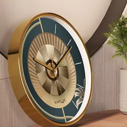 RANDOM Gold Toned & Blue Printed Contemporary Round Wall Clock-56
