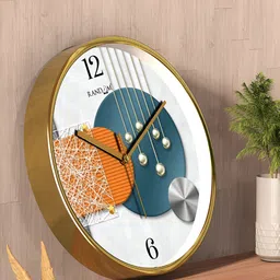RANDOM Gold Toned & Blue Printed Contemporary Round Wall Clock-image-60