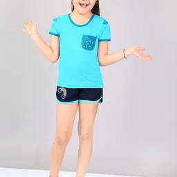 Naughty Ninos Girls Blue & Navy Blue Printed T-shirt with Shorts-22