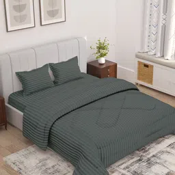 Story@home Charcoal 4 Pieces Striped Microfiber Double Queen Bedding Set-image-40