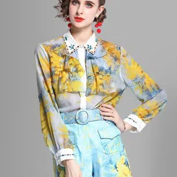 JC Collection Women Yellow & Blue Printed Shirt with Shorts  Co-Ords Set-picture-13