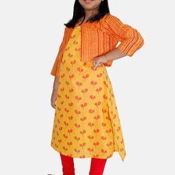 KiddoPanti Girls V Neck Floral Printed  Pure Cotton Straight Kurta & Leggings With Jacket-image-67
