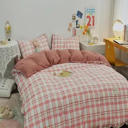 JC HOME Pink and White AC Room Checked Double Queen Bedding Set-21