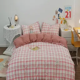 JC HOME White & Pink Checked Bedding Set-57