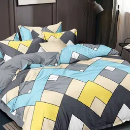 Laying Style Yellow 4 Pieces Geometric Printed Cotton Double King Sized Bedding Set-image-80