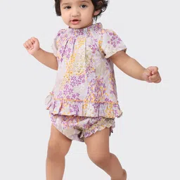 Fabindia Girls Lavender & White Printed  Pure Cotton Top with Bloomer Set-image-6