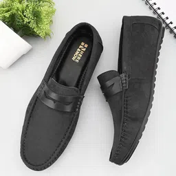 HERE&NOW Men Black Textured Round Toe Suede Driving Shoes-2