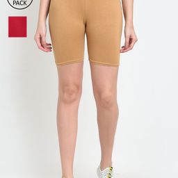 GRACIT Women Beige and Red Pack of 2 Cycling Shorts-109