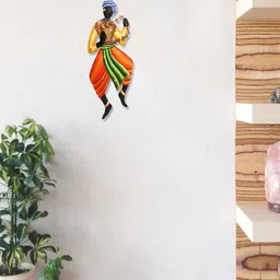 eCraftIndia Orange & Green Musician Tribal Man Iron Wall Hanging-15