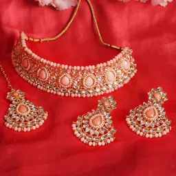 Jazz and Sizzle Gold-Plated Kundan-Studded & Beaded Choker Necklace Jewellery Set-46