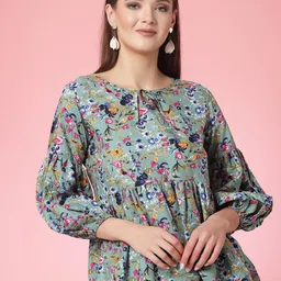 Oomph! Floral Print Tie-Up Neck Bishop Sleeves Crepe Empire Top-image-43