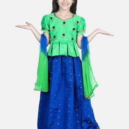 BownBee Girls Green & Blue Ready to Wear Lehenga Choli-image-33