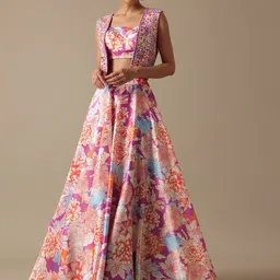 KALKI Fashion Printed Mirror Work Detail Satin Ready to Wear Lehenga & Blouse With Jacket-picture-28