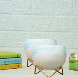 Metal Desk Pot MarbleWhite Print with stand Set Of 2 By Gold Dust-picture-3