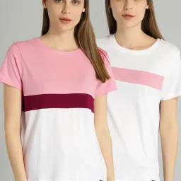 Pack of 2 Women Colorblock Round Neck Pure Cotton Pink T-Shirt-image-37