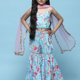 Biba Girls Floral Printed Shoulder Straps Top With Palazzos & Dupatta-image-56