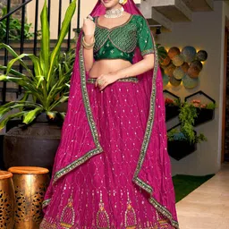 Kvsfab Pink & Green Embroidered Sequinned Semi-Stitched Lehenga & Blouse With Dupatta-image-60