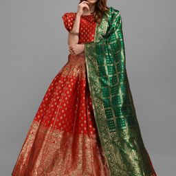 PURVAJA Red & Green Semi-Stitched Lehenga & Unstitched Blouse With Dupatta-image-92