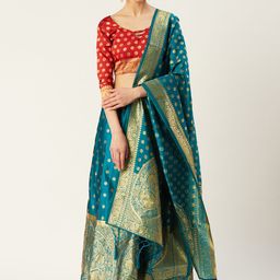 Mitera Turquoise Blue & Red Woven Design Semi-Stitched Lehenga & Unstitched Blouse with Dupatta-image-36