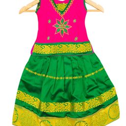 AMIRTHA FASHION Girls Pink & Green Embroidered Ready to Wear Lehenga-image-86