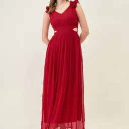 Women Fit and Flare Red Maxi/Full Length Dress-image-7