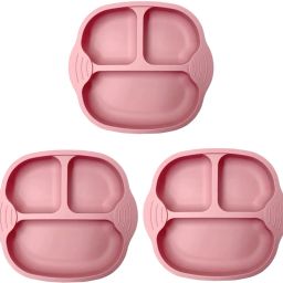 Set of 3 Self-Feeding Baby Dish With Suction Cups,Toddler Plates, Microwave Safe - Silicone-1