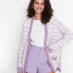 Trendyol Women Violet & White Checked Longline Cardigan-picture-23