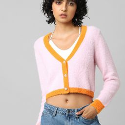 ONLY Women Pink & Orange V Neck Crop Cardigan-image-78