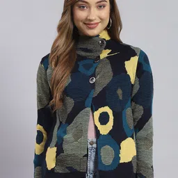 Monte Carlo Abstarct Printed Turtle Neck Woollen Front-Open Sweater-55