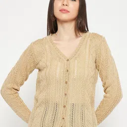 CREATIVE LINE Open Knit Self Design V-Neck Woollen Cardigan-image-17