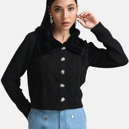 Kazo Women Black Cable Knit Cardigan with Embellished Detail-image-35