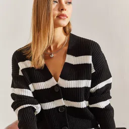 BIANCO LUCCI Striped V-Neck Cardigan Sweaters-image-62