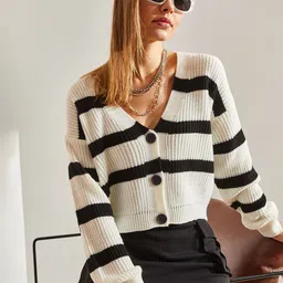 BIANCO LUCCI Striped Self Design V Neck Front Open Crop Cardigan-19