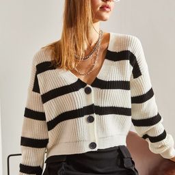 BIANCO LUCCI Striped Self Design V Neck Front Open Crop Cardigan image 3