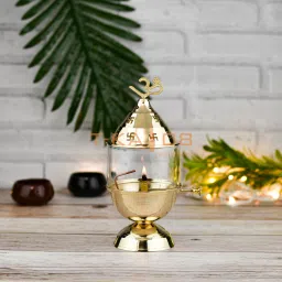 Durga Puja Brass Akhand Jyot with Glass and Wick Lifter" Brass All Day Burn Brass Table Diya Set-image-15