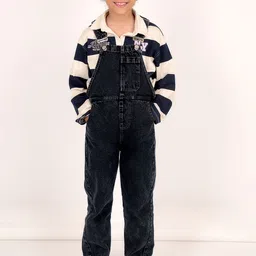 Jungleebilli Girls Black Solid Tapered-Fit Denim Cotton Dungarees-image-8