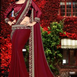 Temple Border Bollywood Lycra Blend, Chiffon Saree-image-34