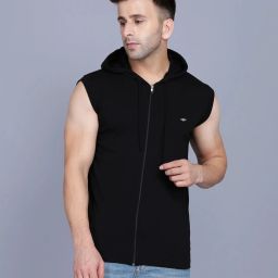Hooded Neck Sleeveless T Shirt With Zip Men Solid Hooded Neck Pure Cotton Black T-Shirt-image-5