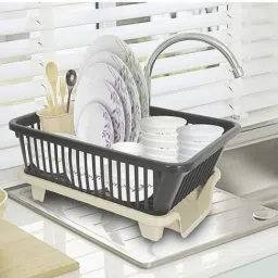Plastic 3 in 1 Large Sink Set Dish Rack Drainer with Tray for Kitchen (Black) Storage Basket-22
