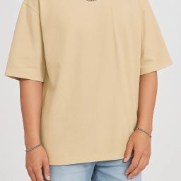 Men Solid Round Neck Cotton Blend Beige T-Shirt-image-24