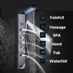 RUVEL AERIO 6 in 1 Tower Thermostatic System with Hydropowered LED Light + Digital Display & 6 Water Functions With Top Rainfall Water Outlet, Waterfall Outlet image 4
