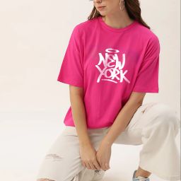 Women Printed Round Neck Pure Cotton Pink T-Shirt-image-3